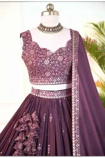 wine embroidered lehenga choli set with dupatta