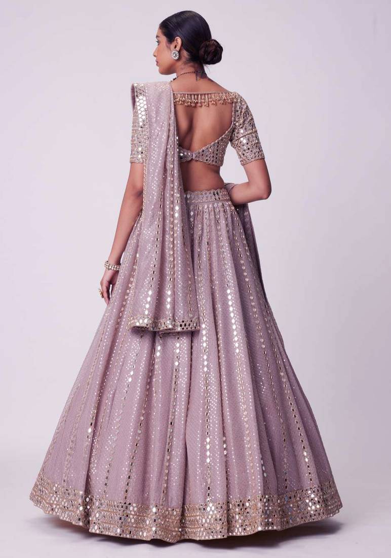 Ash Pink 3mm Sequin and Paper Foil Mirror Embroidered Semi Viscose Organza Indian Wedding Lehenga Choli