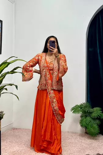 Orange COlor Chinnon Silk blend Embroidery Work Party Wear Ready To Wear Saree 