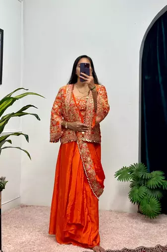 orange chinnon silk blend embroidery work party wear ready to wear saree