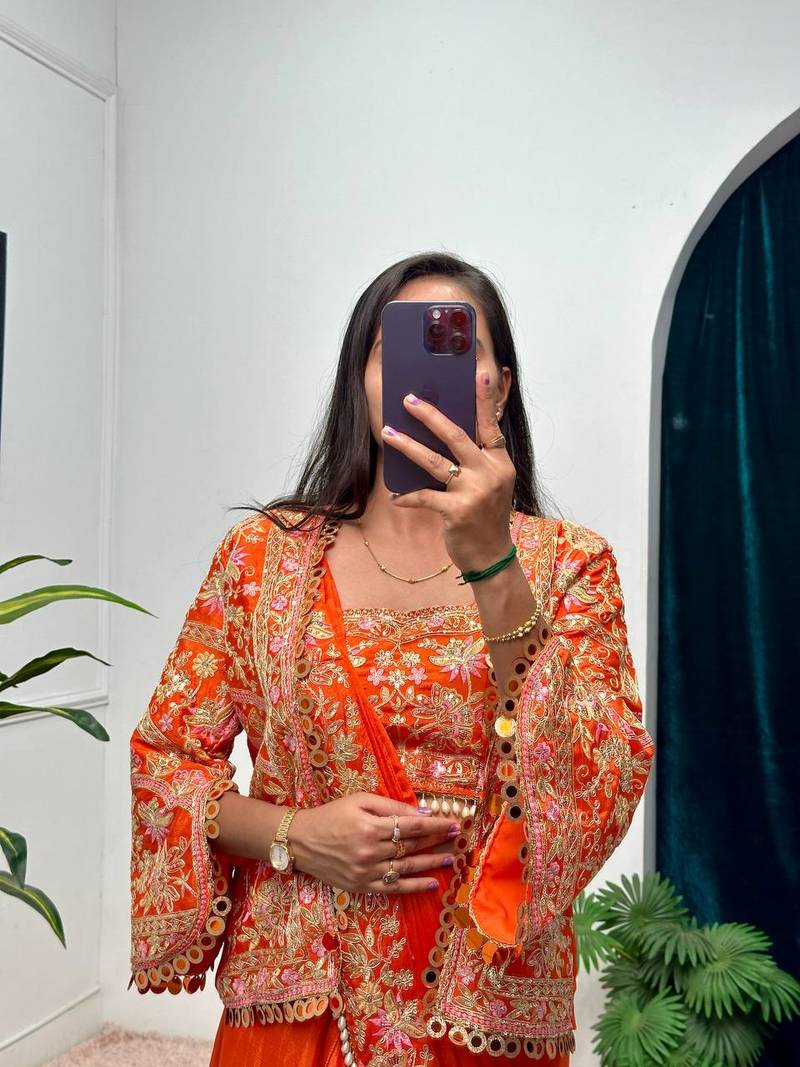 Orange COlor Chinnon Silk blend Embroidery Work Party Wear Ready To Wear Saree 