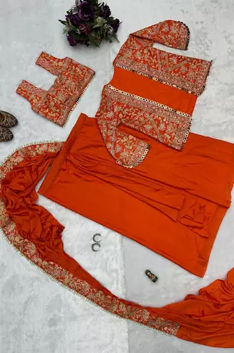 orange chinnon silk blend embroidery work party wear ready to wear saree