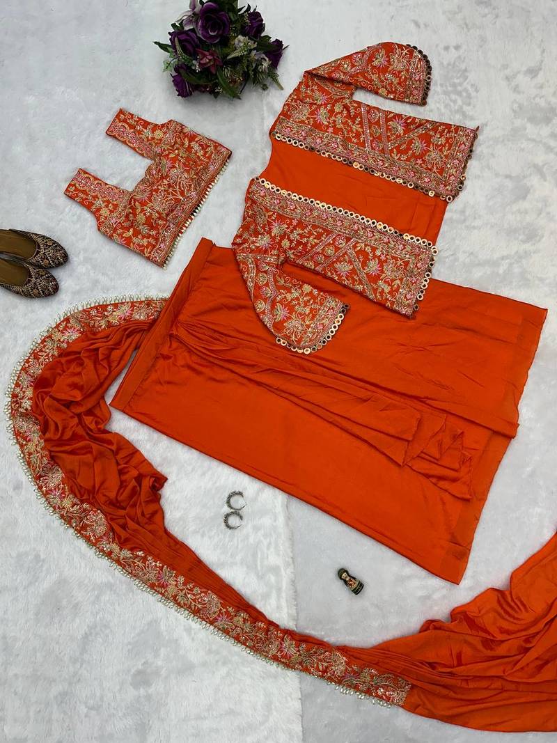 Orange COlor Chinnon Silk blend Embroidery Work Party Wear Ready To Wear Saree 
