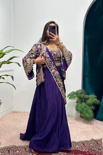 Purple COlor Chinnon Silk blend Embroidery Work Party Wear Ready To Wear Saree 