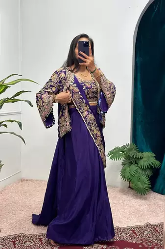 Purple COlor Chinnon Silk blend Embroidery Work Party Wear Ready To Wear Saree 