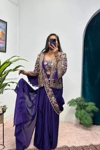 purple chinnon silk blend embroidery work party wear pre draped saree
