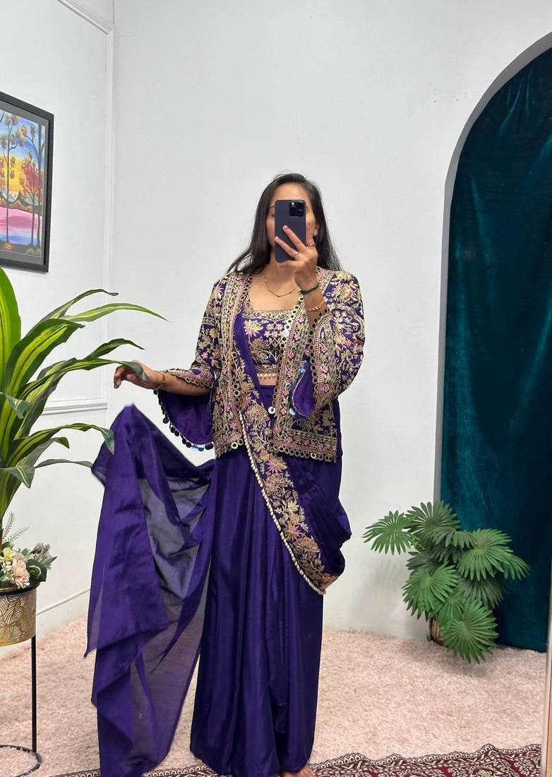Purple COlor Chinnon Silk blend Embroidery Work Party Wear Ready To Wear Saree 