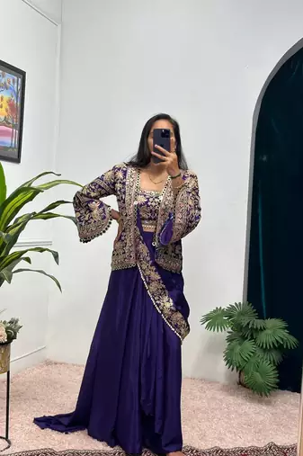 purple chinnon silk blend embroidery work party wear pre draped saree