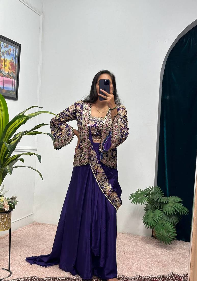 Purple COlor Chinnon Silk blend Embroidery Work Party Wear Ready To Wear Saree 