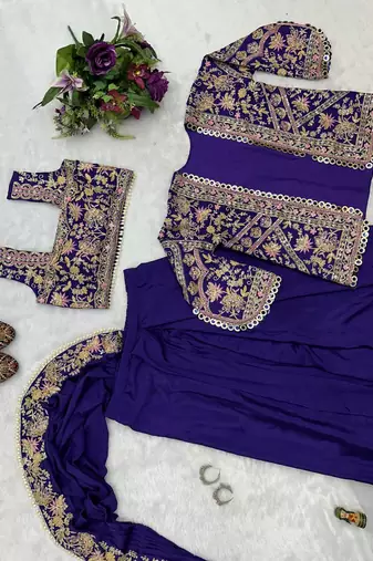 purple chinnon silk blend embroidery work party wear pre draped saree