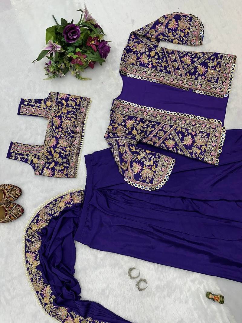 Purple COlor Chinnon Silk blend Embroidery Work Party Wear Ready To Wear Saree 