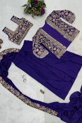purple chinnon silk blend embroidery work party wear pre draped saree