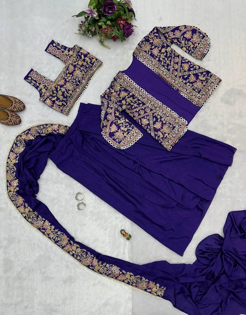 Purple COlor Chinnon Silk blend Embroidery Work Party Wear Ready To Wear Saree 