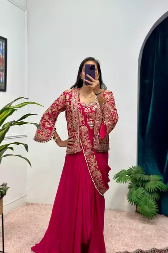 Rani Color Chinnon Silk blend Embroidery Work Party Wear Ready To Wear Saree 