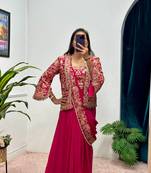 Rani Color Chinnon Silk blend Embroidery Work Party Wear Ready To Wear Saree 