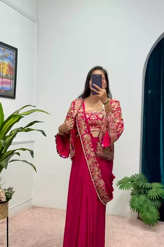 rani chinnon silk blend embroidery work party wear ready made saree