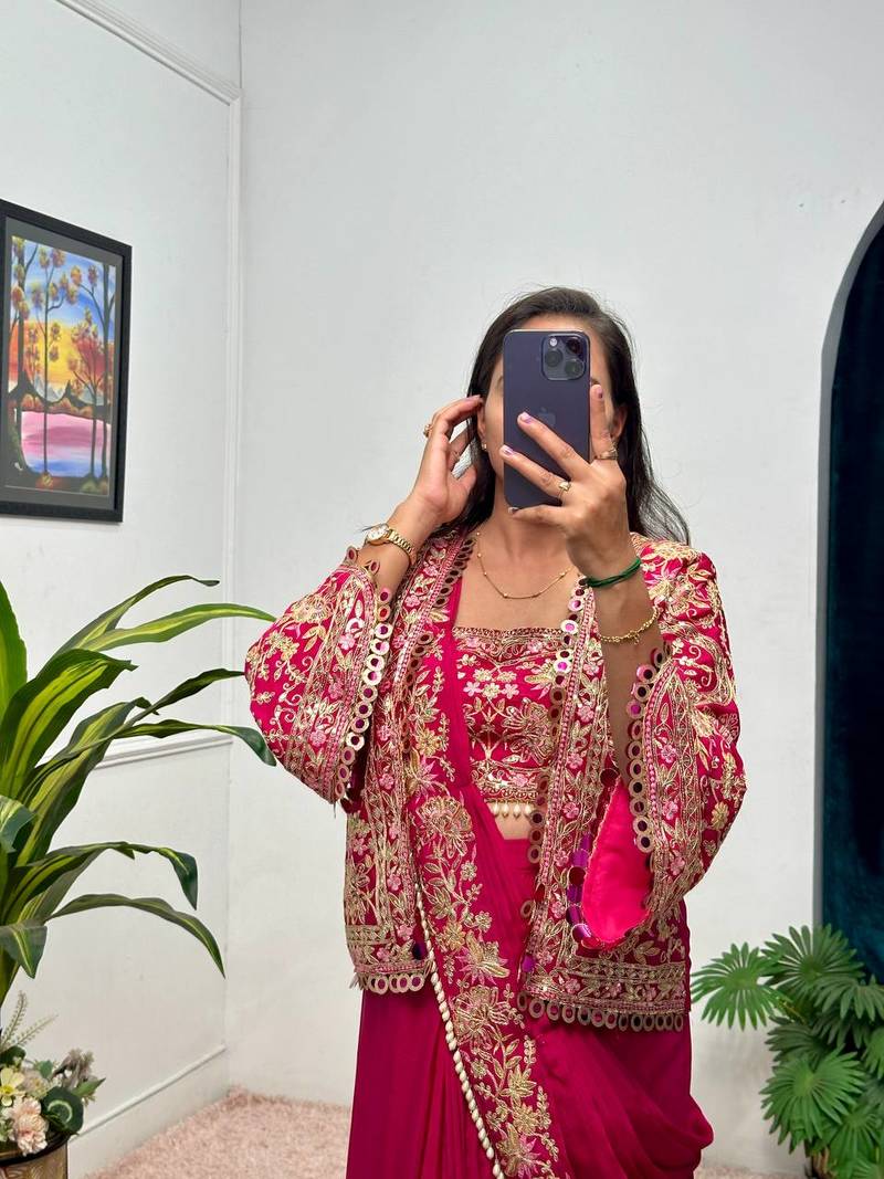 Rani Color Chinnon Silk blend Embroidery Work Party Wear Ready To Wear Saree 