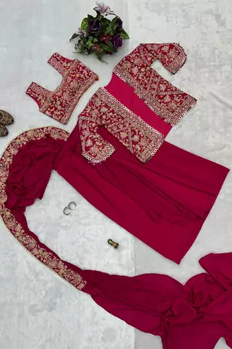 rani chinnon silk blend embroidery work party wear ready made saree