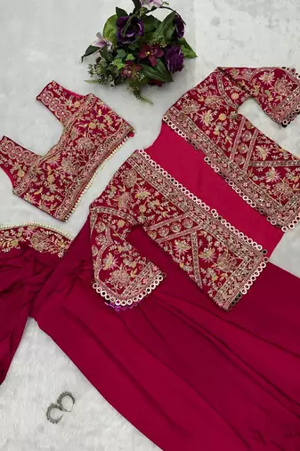 rani chinnon silk blend embroidery work party wear ready made saree