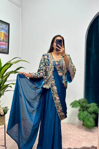 Teal Color Chinnon Silk blend Embroidery Work Party Wear Ready To Wear Saree 