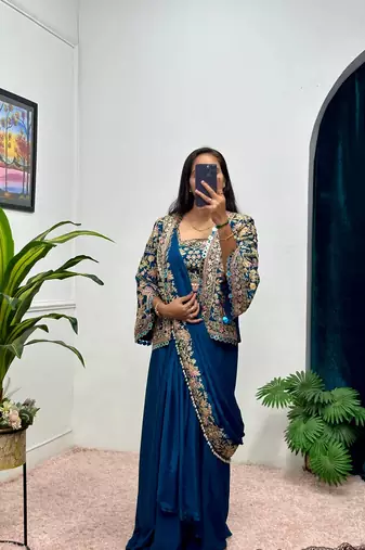 teal chinnon silk blend embroidery work party wear pre-stitched saree