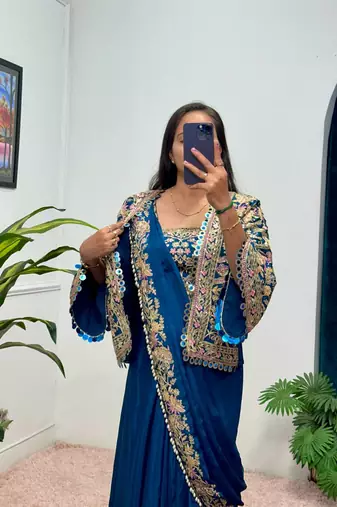 teal chinnon silk blend embroidery work party wear pre-stitched saree