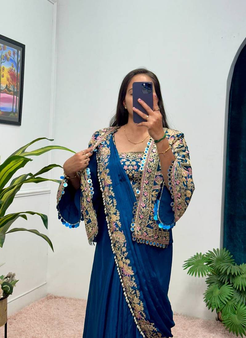 Teal Color Chinnon Silk blend Embroidery Work Party Wear Ready To Wear Saree 