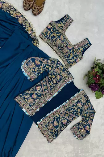 teal chinnon silk blend embroidery work party wear pre-stitched saree