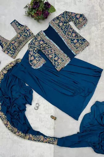 teal chinnon silk blend embroidery work party wear pre-stitched saree