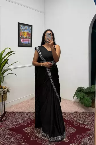 black chinnon silk blend fancy ready to wear wedding wear saree