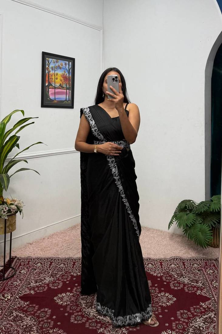 Black Color Chinnon Silk blend Fancy Ready To Wear Wedding Wear Saree