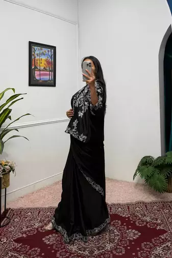 black chinnon silk blend fancy ready to wear wedding wear saree