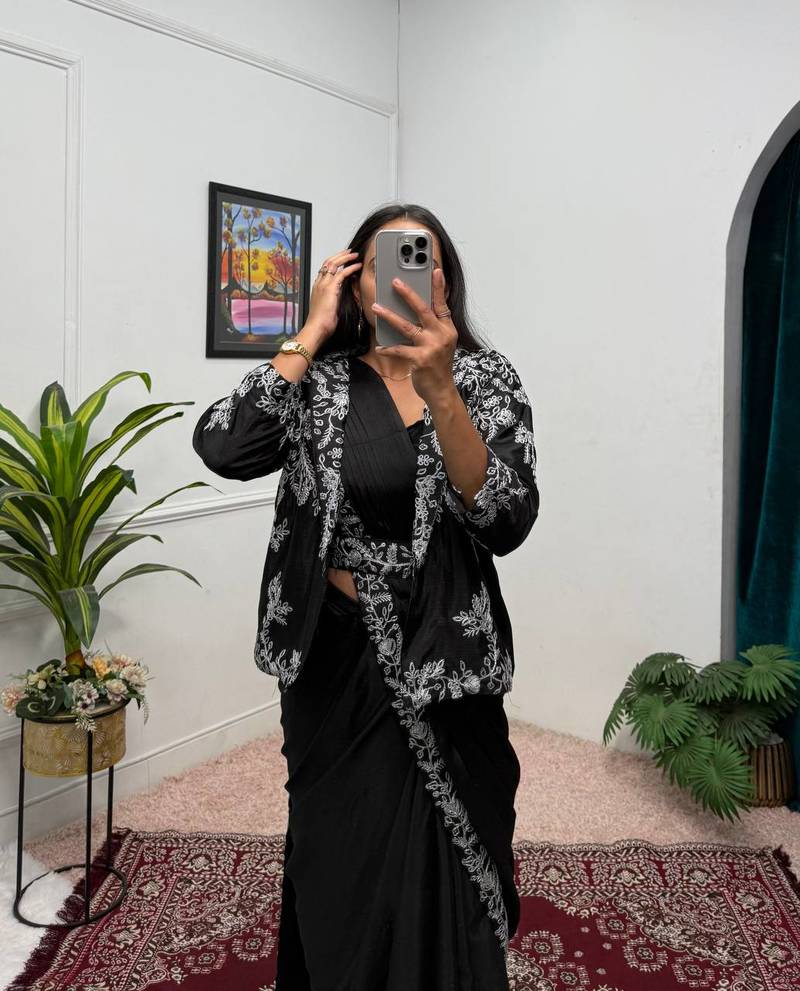 Black Color Chinnon Silk blend Fancy Ready To Wear Wedding Wear Saree