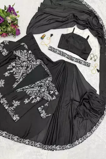 black chinnon silk blend fancy ready to wear wedding wear saree