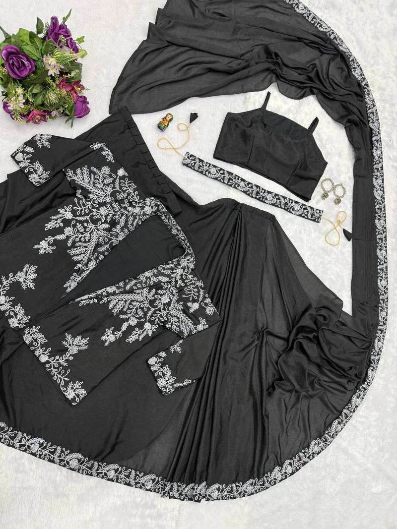 Black Color Chinnon Silk blend Fancy Ready To Wear Wedding Wear Saree