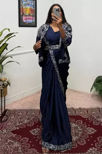 Blue Color Chinnon Silk blend Fancy Ready To Wear Wedding Wear Saree