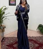 Blue Color Chinnon Silk blend Fancy Ready To Wear Wedding Wear Saree