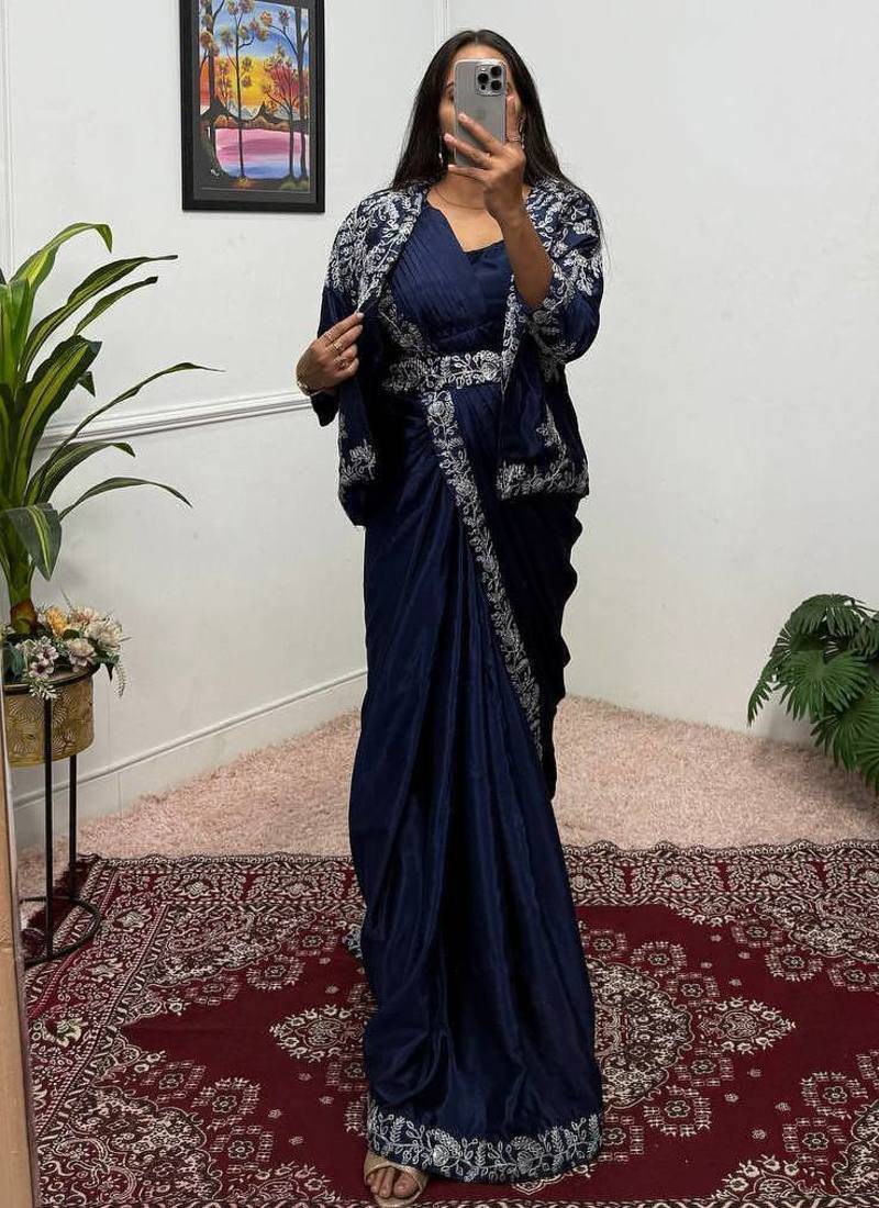 Blue Color Chinnon Silk blend Fancy Ready To Wear Wedding Wear Saree