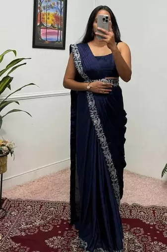 blue chinnon silk blend fancy pre draped wedding wear saree