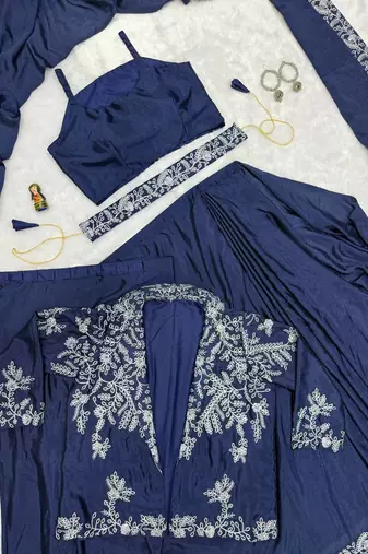 blue chinnon silk blend fancy pre draped wedding wear saree