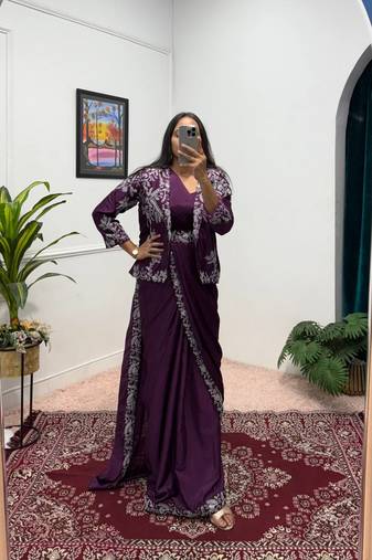 Wine Color Chinnon Silk blend Fancy Ready To Wear Wedding Wear Saree