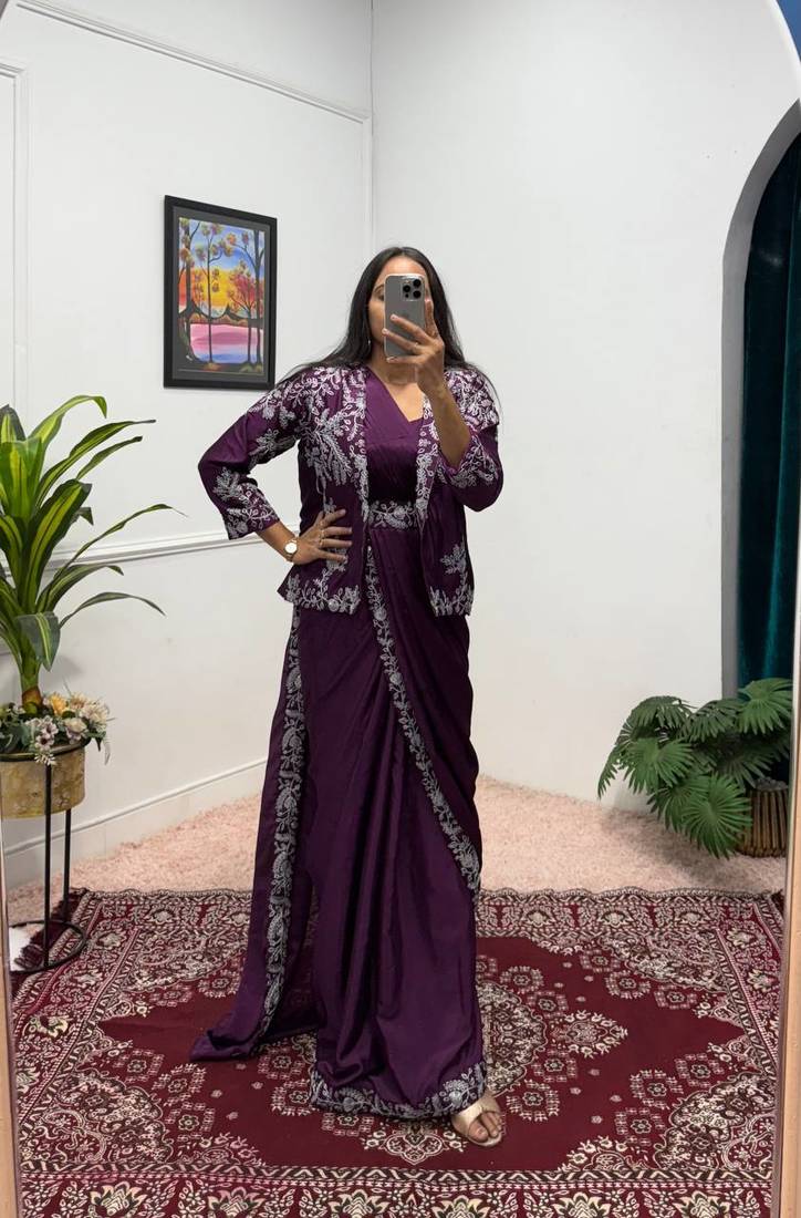 Wine Color Chinnon Silk blend Fancy Ready To Wear Wedding Wear Saree