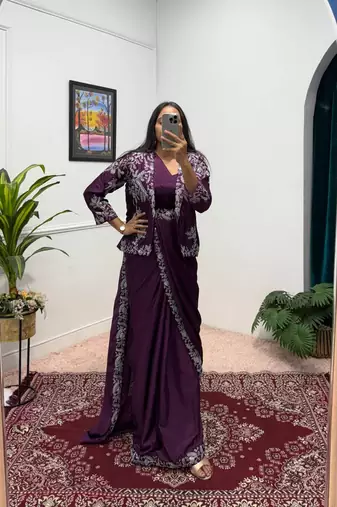 Wine Color Chinnon Silk blend Fancy Ready To Wear Wedding Wear Saree