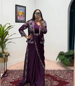 Wine Color Chinnon Silk blend Fancy Ready To Wear Wedding Wear Saree