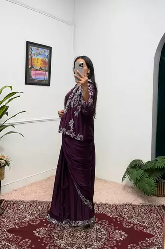 wine chinnon silk blend fancy ready made wedding wear saree