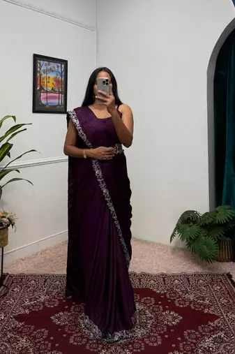 wine chinnon silk blend fancy ready made wedding wear saree