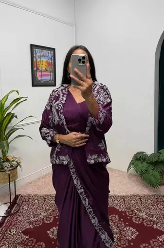wine chinnon silk blend fancy ready made wedding wear saree