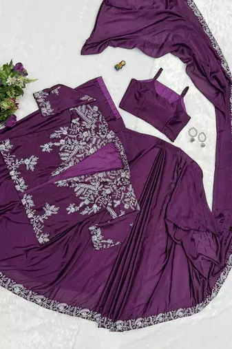 wine chinnon silk blend fancy ready made wedding wear saree