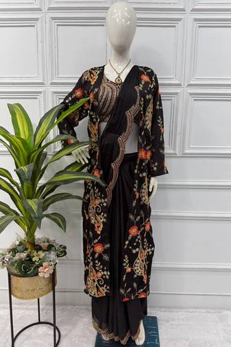 Black Color Chinnon Silk blend Ready To Wear Saree With Koti 