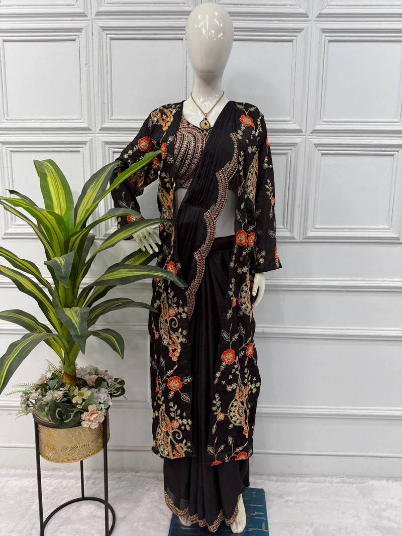 Black Color Chinnon Silk blend Ready To Wear Saree With Koti 